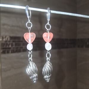 Pretty Rose Quarts Sea Shell Earrings with Silver Tone Hooks